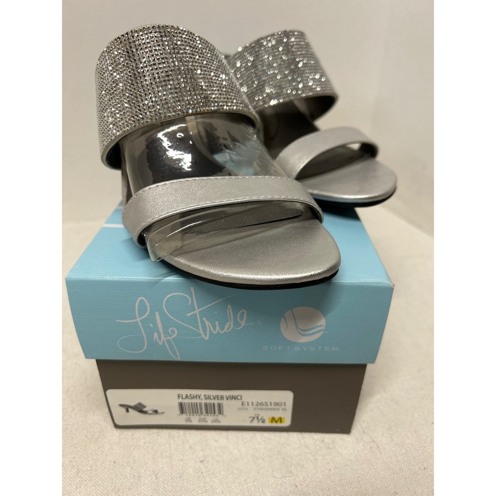 Life Stride Flashy Silver Vinci Womens Heels Sandals 7.5M Rhinestone Embellished